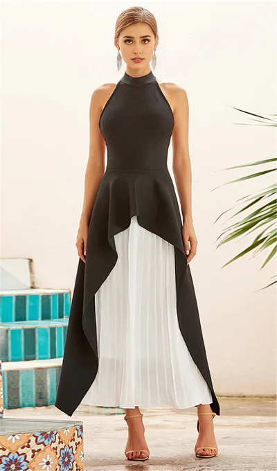 Vestido de fiesta de corte A con cuello semialto, sin mangas y espalda descubierta